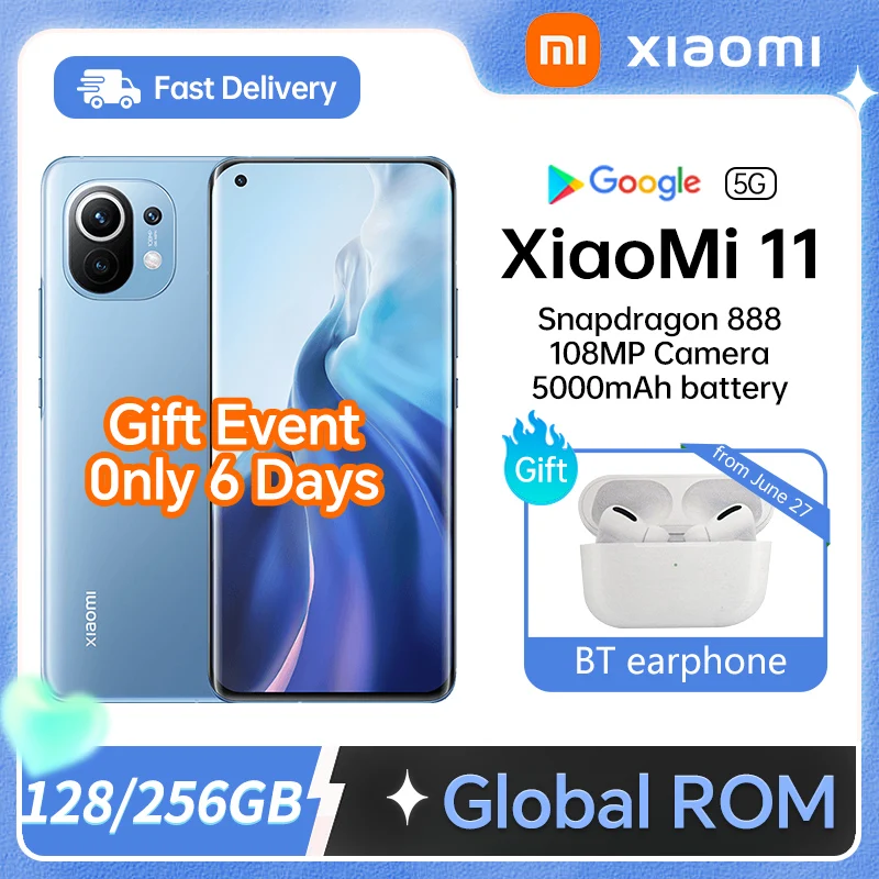 Xiaomi Mi 11 5G Cellphone Snapdragon 888 Octa Core 128GB/256GB Smartphone 108MP Camera 120Hz AMOLED Display Original Global ROM