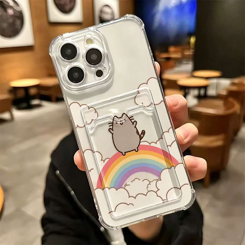 Фото Милый чехол с котиком Пушином и держателем для карт для iPhone 18 17e 17 16e 16 15 14 13 12 11 Mini Pro Max X XR XSMax 7 8 Air Plus, прозрачный чехол. №5