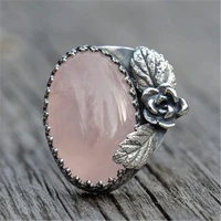 vintage fashion ancient silver color metal rings for women jewelry pink moonstone ring rose flower leaf details