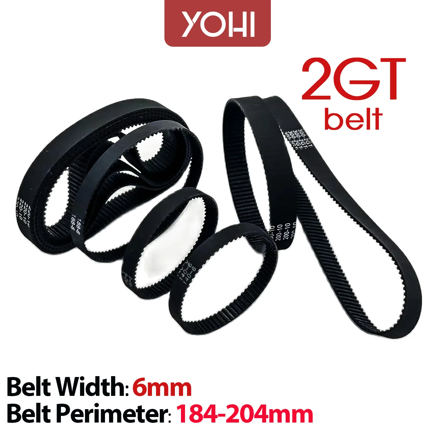 

2GT 2MM GT2 Timing Belt Pitch Length 184/186/188/190/192/194/196/198/200/202/204mm Width 6mm Rubber Closed