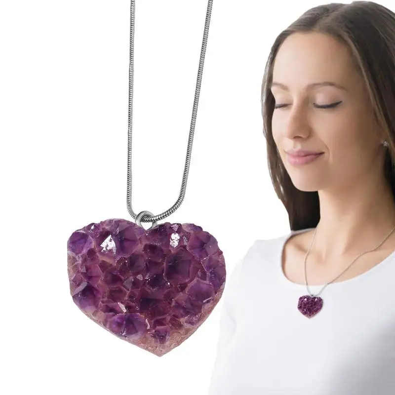 

Amethyst Crystal Cluster Necklace Purple Stone Crystals Necklace Dainty Heart Gemstone Pendant Necklace Anniversary Birthday