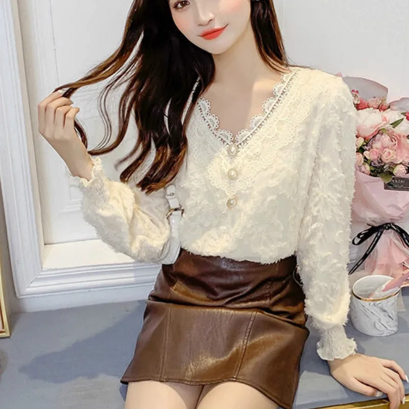 Рубашки женские удобные универсальные с V-образным вырезом и рукавами-фонариками