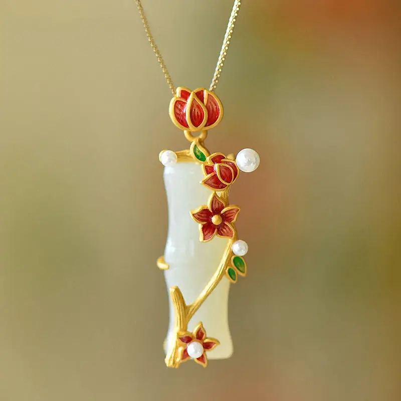 

Temperament Jade Plum Blossom Bamboo Pendant Female Retro Necklace 925 Sterling Silver Clavicle Chain For Lady Gift