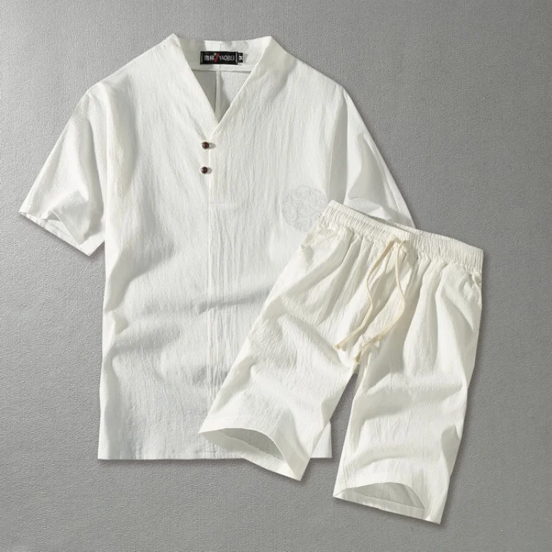 

SleeveTT-shirt Suit Men's Chinese Style Cotton and Linen Embroidered Chinese Knot Button Half Sleeve Shorts Two-Piece Fashion Br