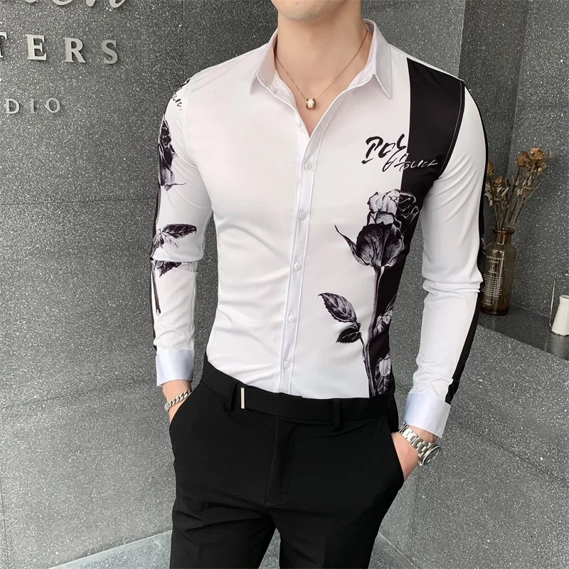 

Camisa Masculina Fashion Patchwork Color Digital Print Long Sleeve Shirt Men Clothing 2022 Simple Slim Fit Casual Chemise Homme