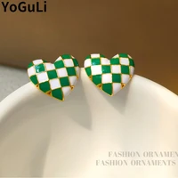 s925 needle fashion jewelry heart earrings 2022 new trend vintage green white enamel stud earrings for celebration gifts