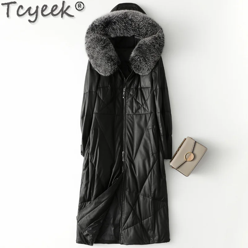 

Leather Jacket Sheepskin Winter Genuine Jacket Women Clothes Black Fox Fur Collar Hooded Women's Long Coat Casaca Mujer