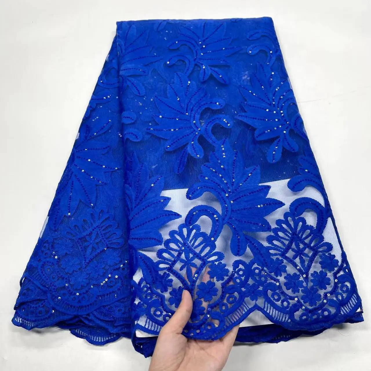 

African Fashion Royal Blue Lace Tulle Sequins Fabric French High Quality Milk Silk Mesh Fabric Nigerian For Wedding Party Dress