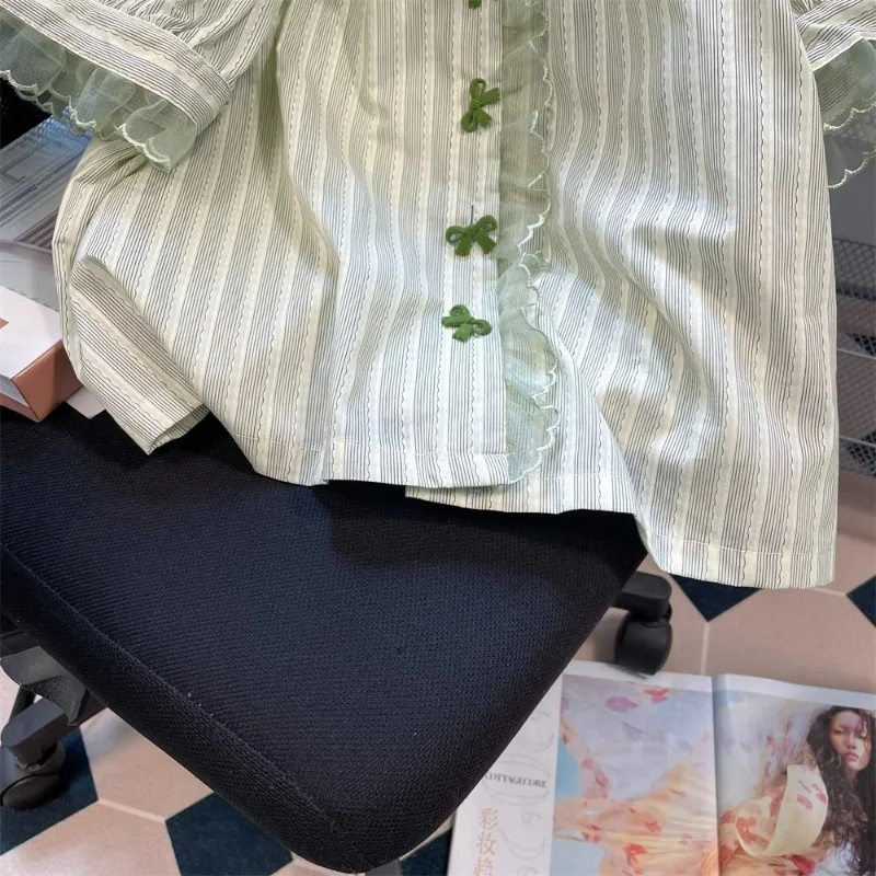 Полосатые женские блузки Kawaii милые кружевные зеленые топы с воротником Питер Пэн