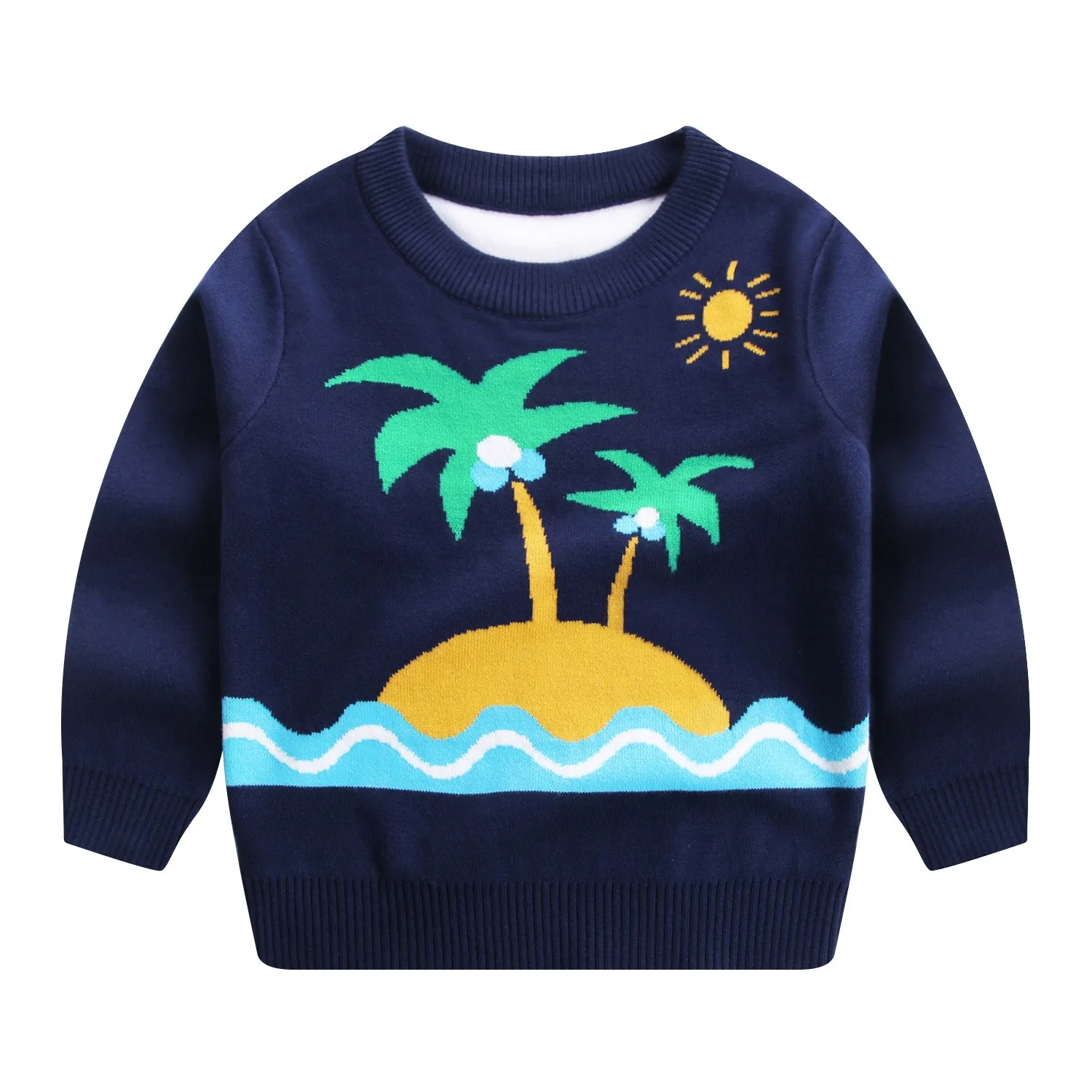 

Winter Boys Coat Knitted Sweater Coconut Trees Pattern Long Sleeve Round Collar Thick Pullover Tops Children 2-8 Y Clothes New