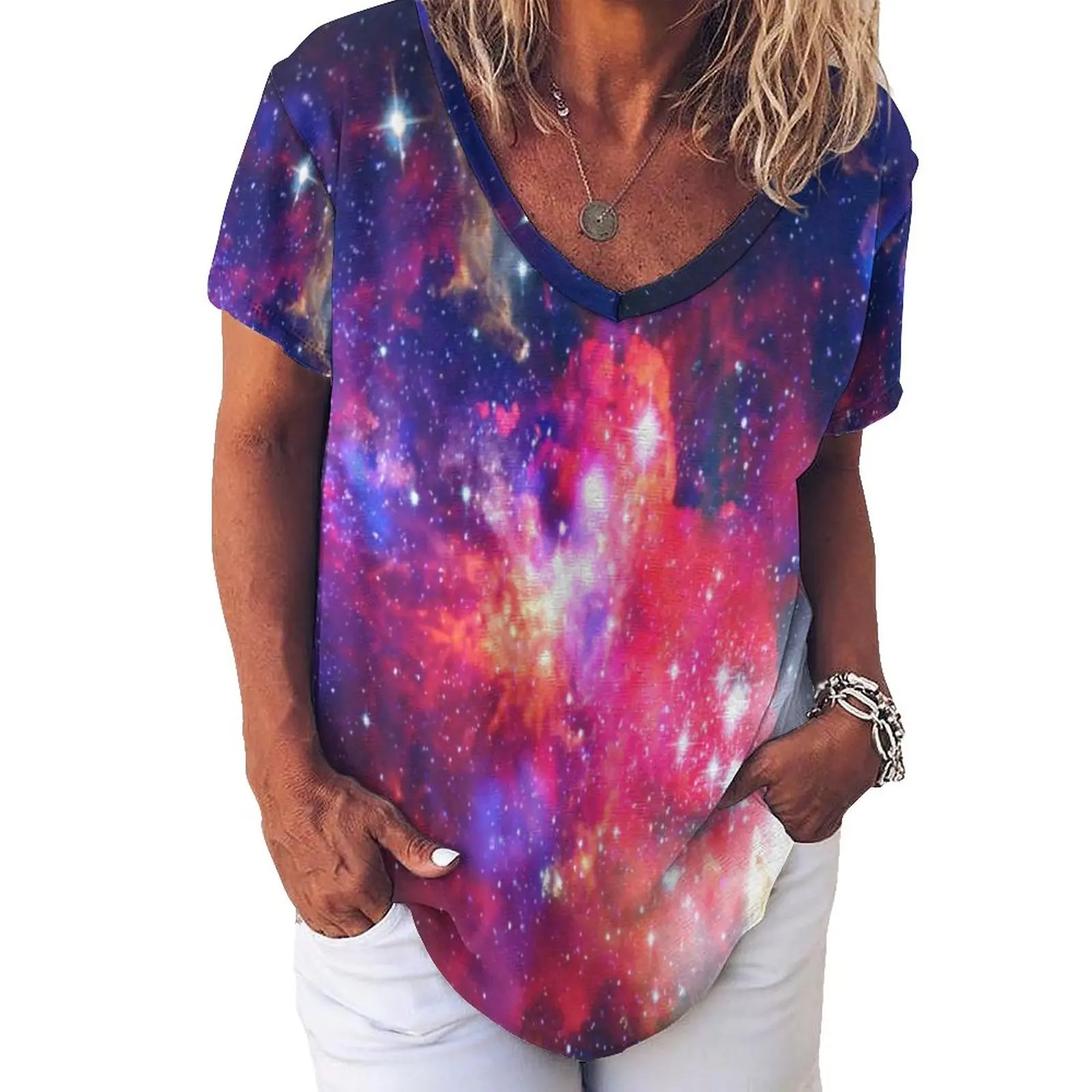 

Wonderful Starry T Shirt Galaxy Space Print Retro V Neck T Shirts Short Sleeve Casual Tee Shirt Summer Design Clothing Big Size