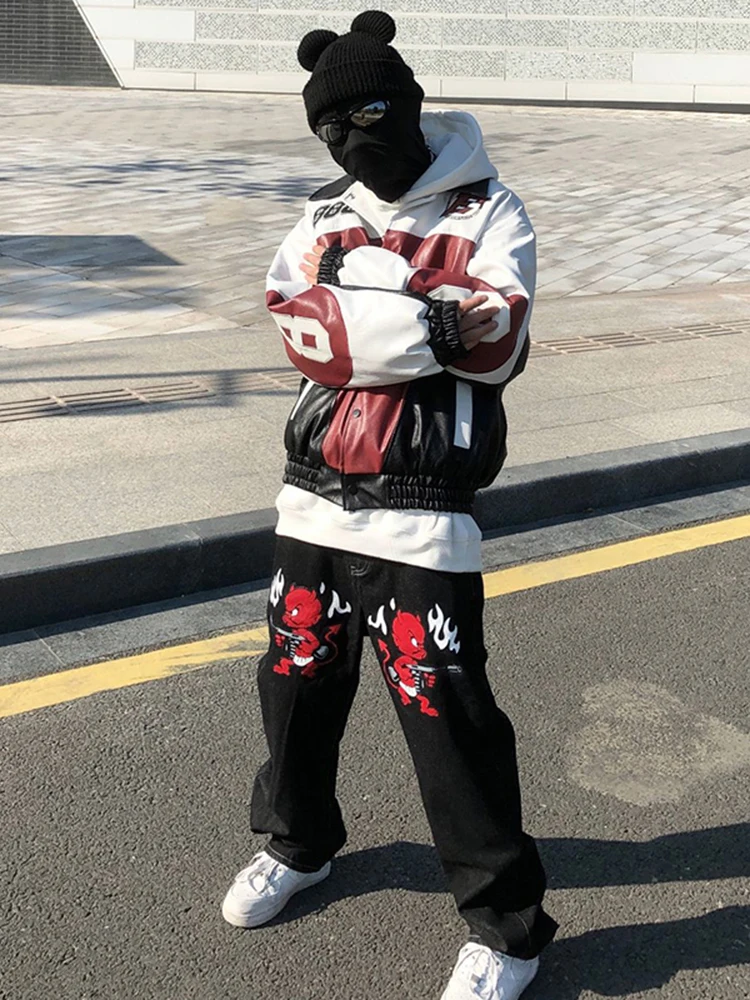 Men's Jeans Cartoon Letter Print Straight Casual Pants Washed Vibe Style Ripped Loose Streetwear Ins Baggy Pants Y2K Streetwear