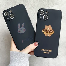 Cute Cartoon Alphabet Bunny Bear Phone Case For Funda iPhone 11 12 13 Pro Max Mini X XR XS SE 2020 6 7 8 Plus Celular Black