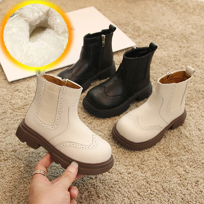 

Shearing Plush Lined Brogue Chelsea Boots For Kids British Thick Sole Zip Ankle Botas Girls Boys Winter Warm Pu Leather Shoes