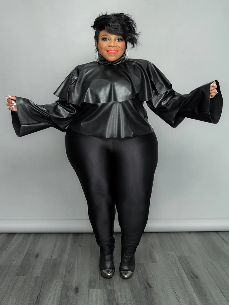 

ZJFZML ZZ женская одежда Большие размеры Модные топы из искусственной кожи каскадные оборки расклешенные рукава базовые Топы Прямая поставка о...