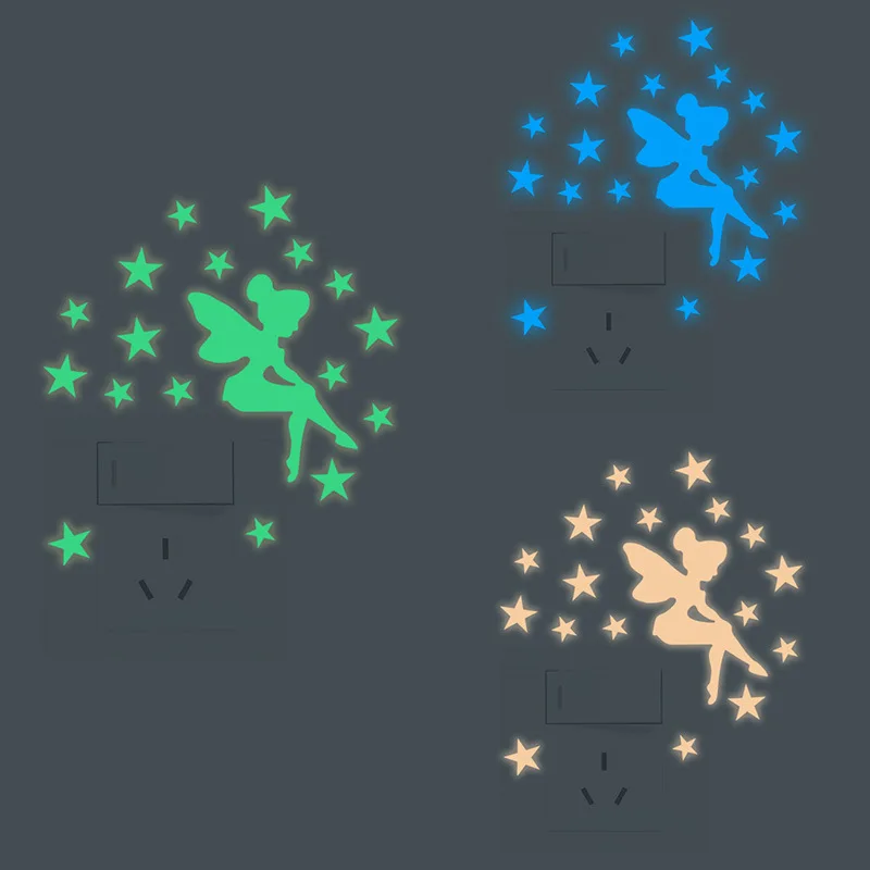 

Luminous Cartoon Switch Sticker Glow In The Dark Sticker Fluorescent Fairy Moon Stars Sticker Kid Room Decoration Mural