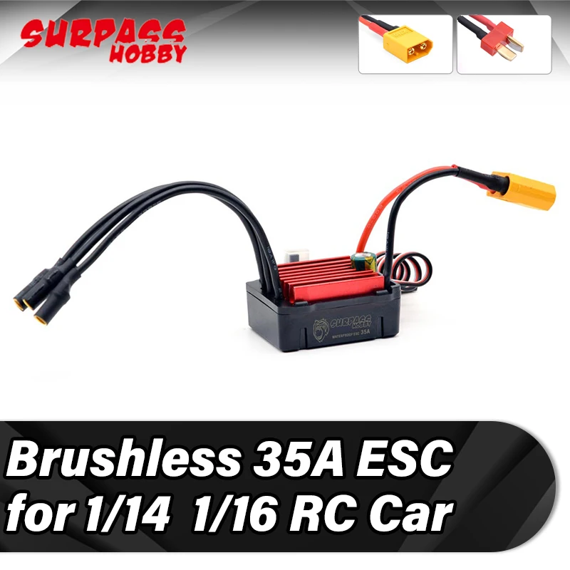 

Surpass Hobby Waterproof 35A Brushless ESC Speed Controller XT60 Plug for 1/14 1/16 RC Car Motor 2S-3S Battery Programming Card