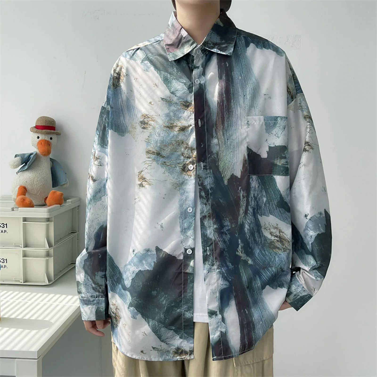 

Mens Shirt Blouse Mens Ink Painting Retro Flower Shirt Loose Drape Feeling Lazy Wind Couple Collar Dress Shirt 50s Shirts Men