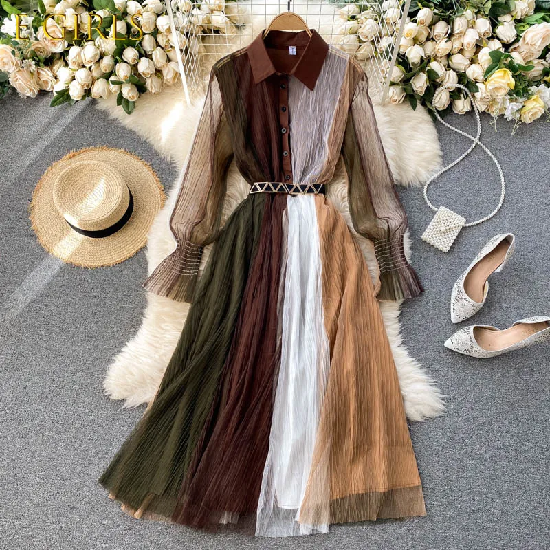 

E GIRLS New Arrival Summer Sexy Women's Hit Color Dresses Bohemian Style Casual Slim A-Line Beach Dress Vestidos With Belt