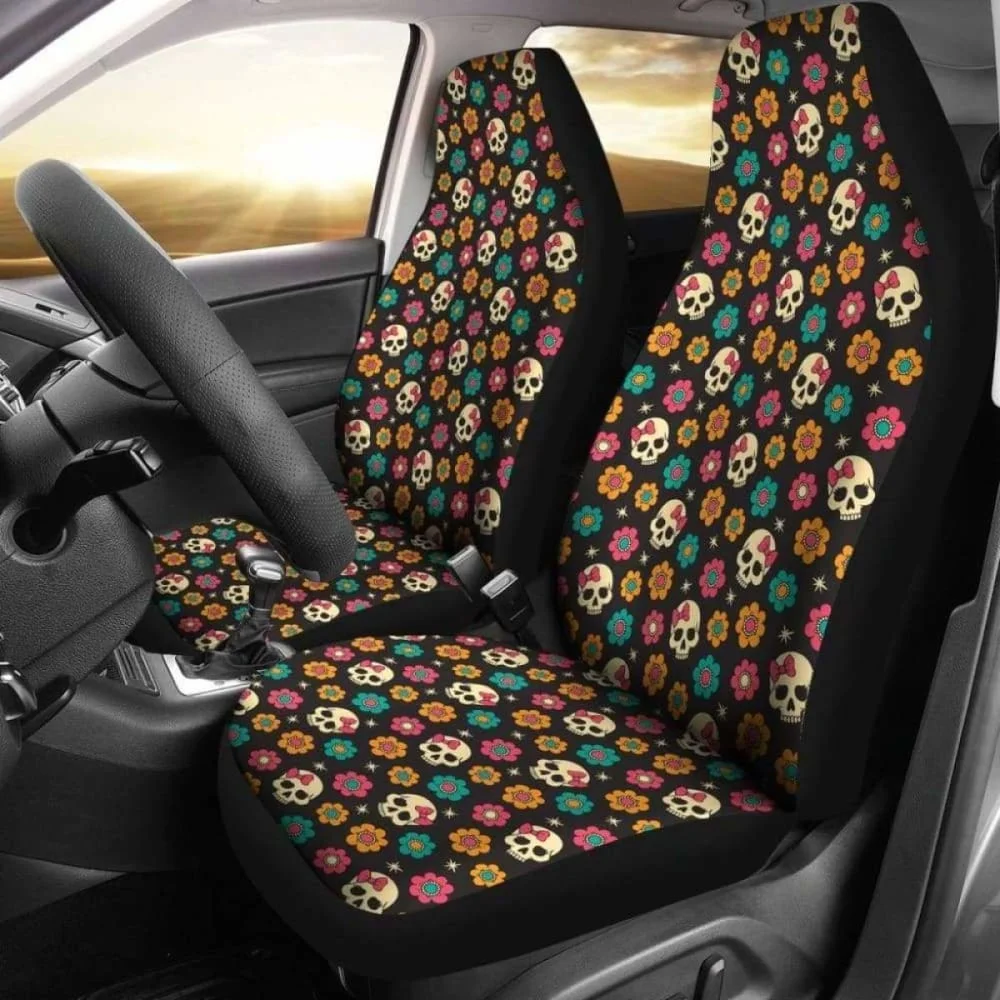 

Set 2 Pcs Sugar Skull Day Of The Dead Skull Car Seat Covers,Pack of 2 Universal Front Seat Protective Cover