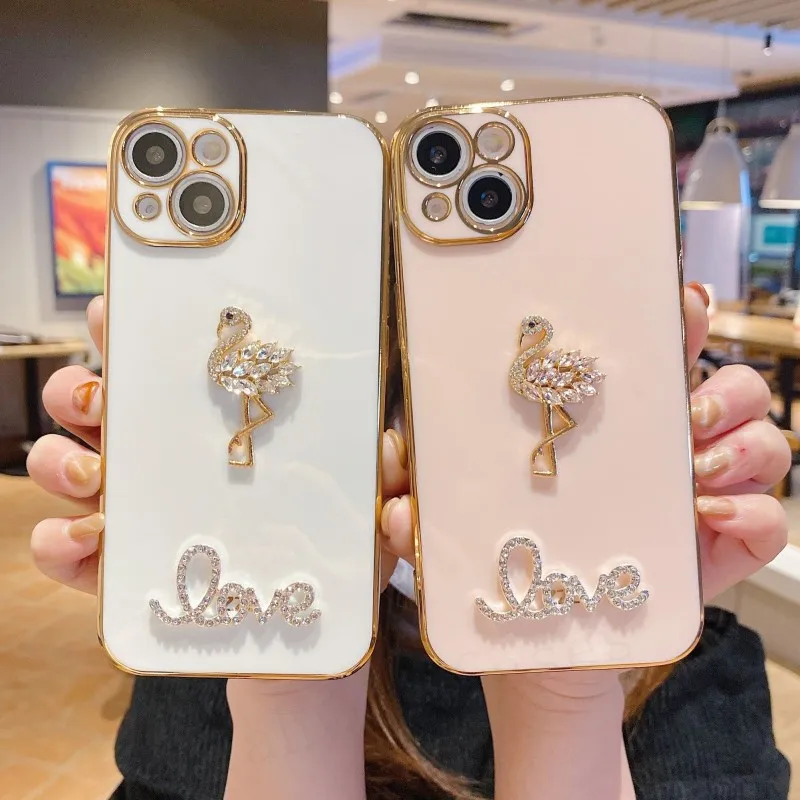 3D чехол с кристаллами и фламинго для iPhone 13 12 11 Pro Max MiNi X XS XR 7 8 Plus SE3 золотое покрытие