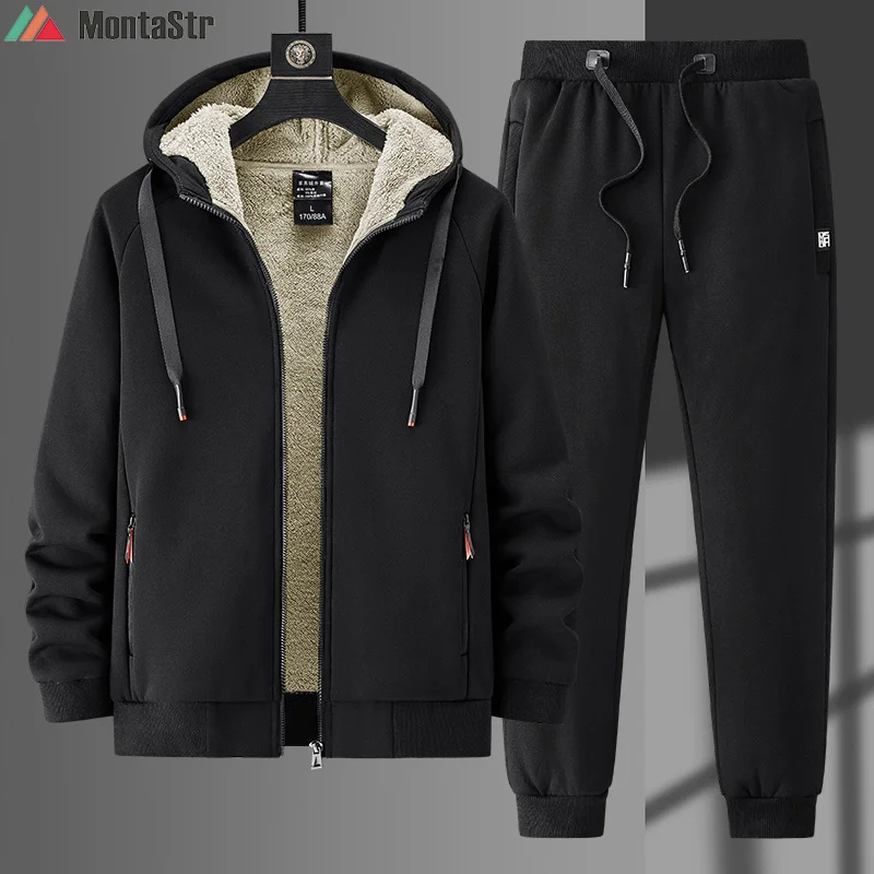 

Winter Lamb cashmere Inner Fleece Hoodies Men Casual Hooded Thick Warm Sweatshirts Male Thicken Tracksuit 2PC Jacket+Pant Men