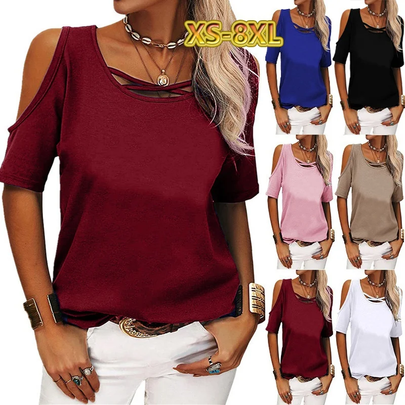 Summer 2022 Women'S Black Solid Color Short Sleeve T Shirt Ladies Casual Off Shoulder Top Simple Basic T Shirt S-3Xl