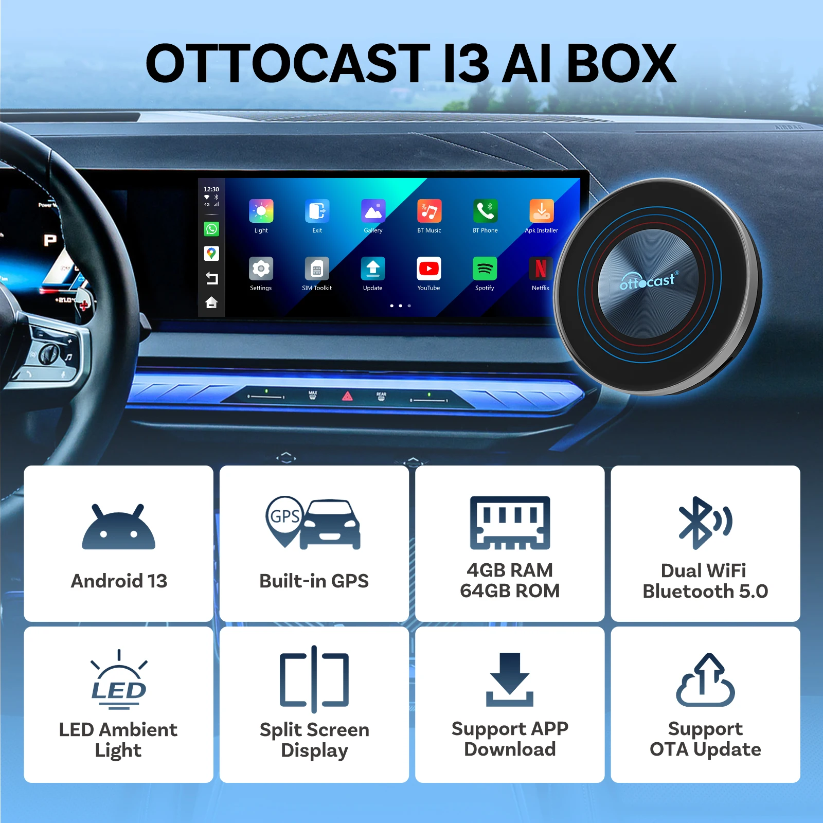 Фото OTTOCAST I3 AI Box Android 13 8+128 ГБ с беспроводным CarPlay и Android Auto, Netflix, YouTube, Play Store, совместим с OEM-устройствами с беспроводным CarPlay. №2