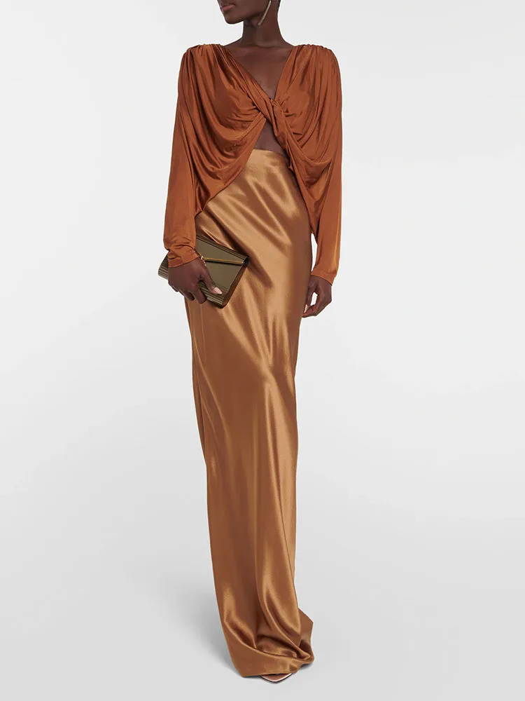 

y2k summer senior sense chic twist knot viscose crop top women2023 fashion temperament versatile V-neck long-sleeved T-shirt