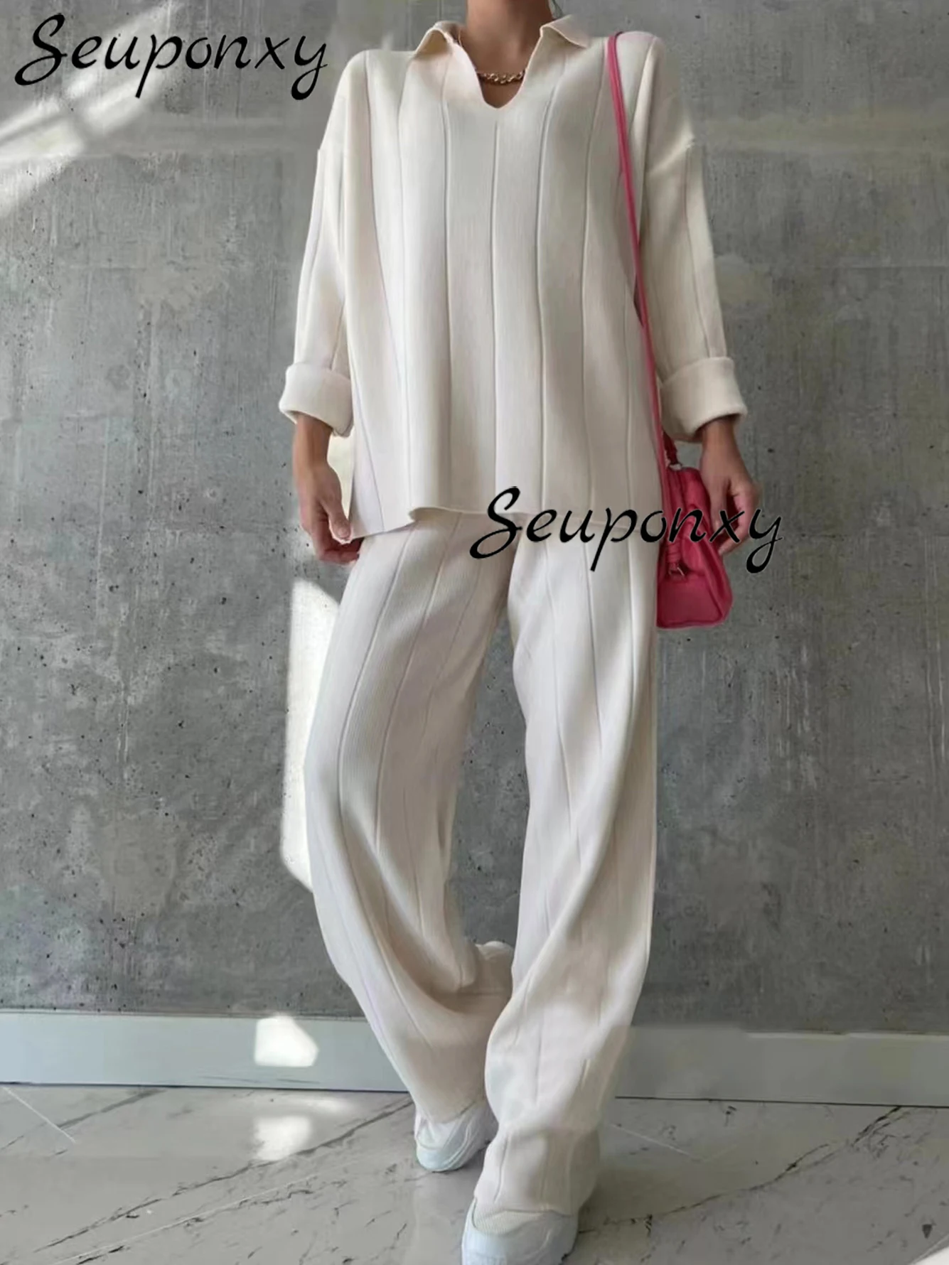 

Женский трикотажный комплект из 2 предметов, пуловер с V-образным вырезом и длинными рукавами и брюки с широкими штанинами, Осень-зима