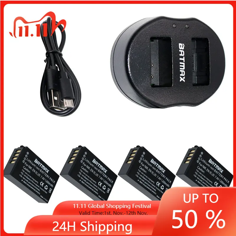 

4 шт., аккумуляторные батареи EL20 ENEL20 + встроенное двойное зарядное устройство USB для NIKON 1 J1 J2 J3 S1, аккумулятор для цифровой камеры