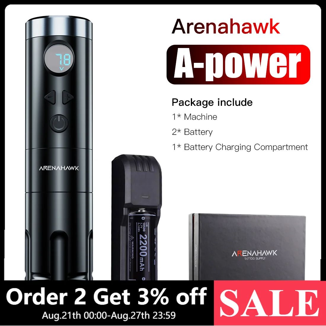 Arenahawk A-power 4.0 Wireless Tattoo Pen with 2 Upgrade Bat