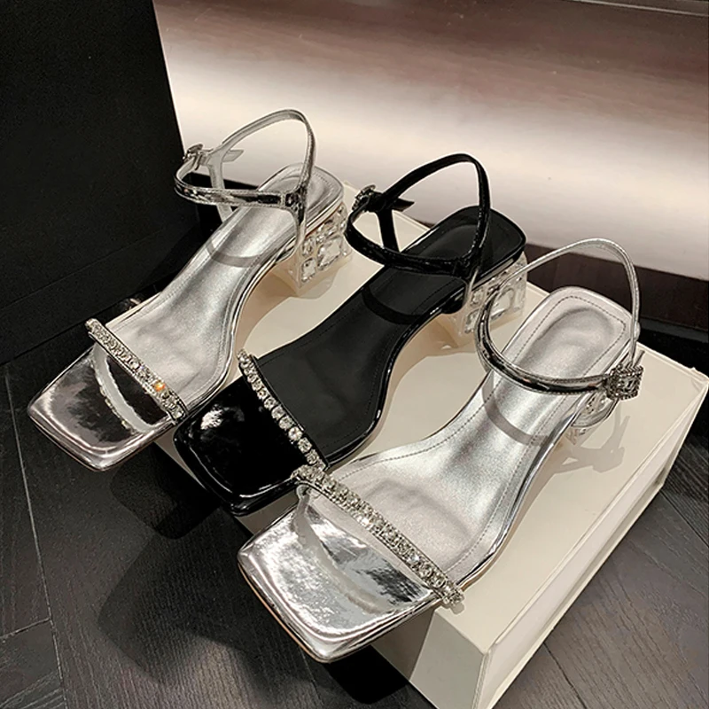 Luxury Crystal Sandals Women Rhinestone Ankle Strap Mid Heeled Sandalias Ladies Summer Evening Party Shoes in Black Silver Color
