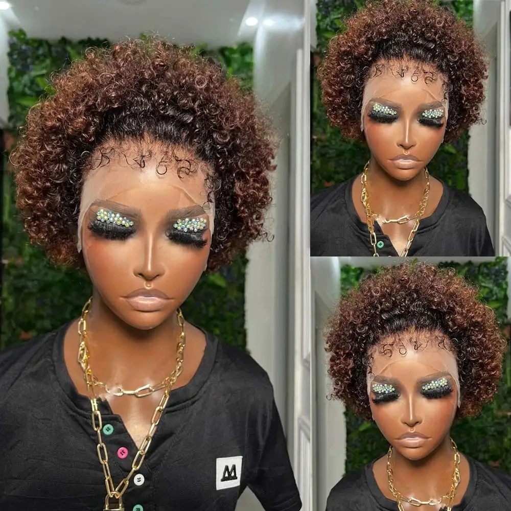 Kinky Curly Edges Natural Hairline 1B30 Цветной парик Wear and Go Бесклеевой вьющийся боб 13x4 Прозрачные