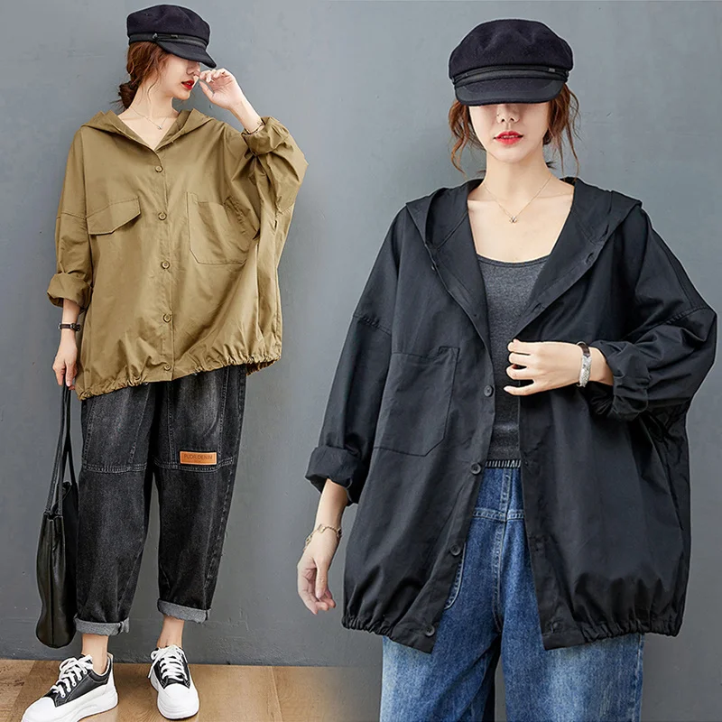 

#1445 Retro China Style Outwear Woman Casual Loose Jackets Coats Ladies Long Sleeve Hooded Jacket Coat Female Vintage Tops Lady
