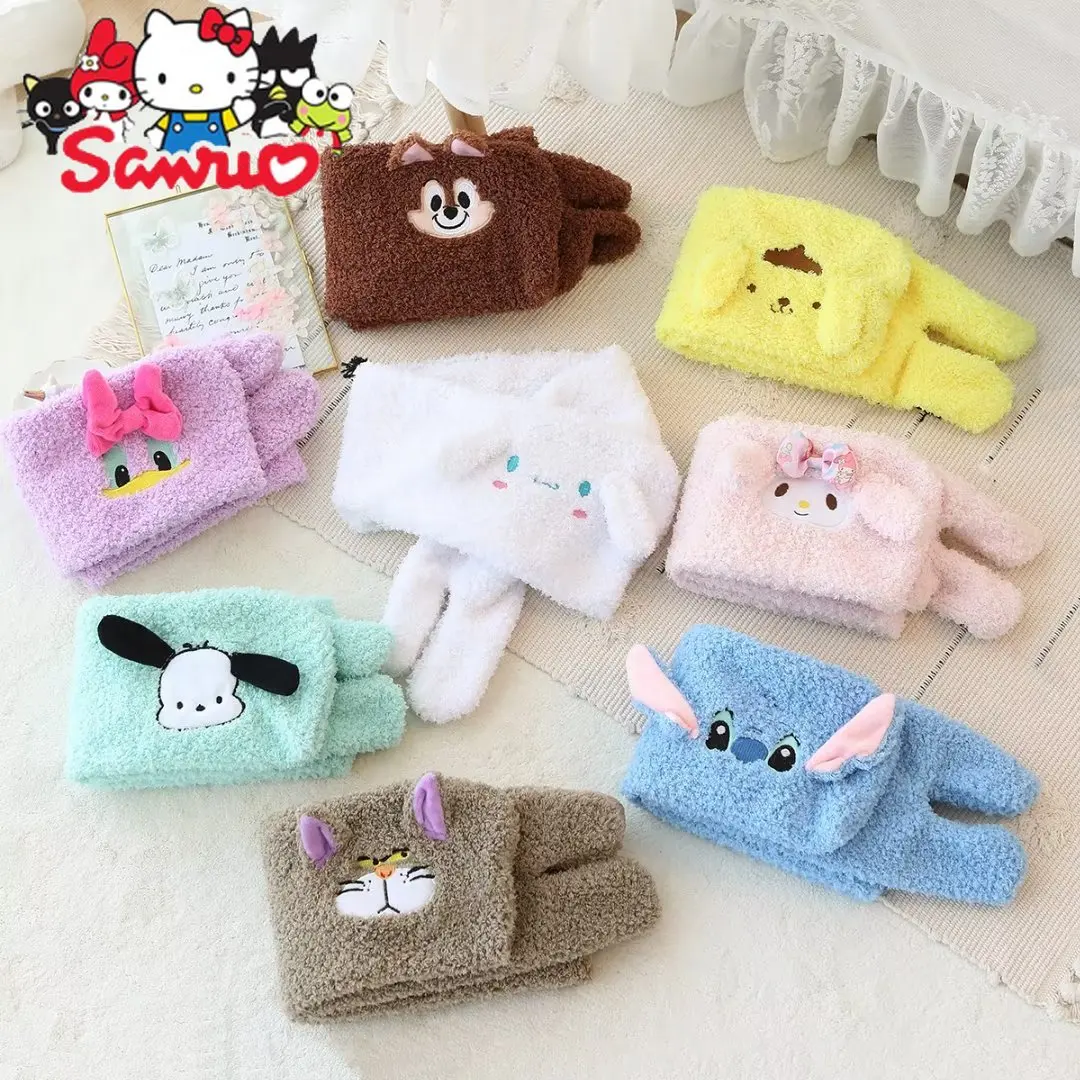 

Sanrio Kuromi Hello Kitty мультяшный теплый шарф Мелодия Коричный цвет Зимний Детский плюшевый теплый нагрудник для детей зимняя шапка для девочек