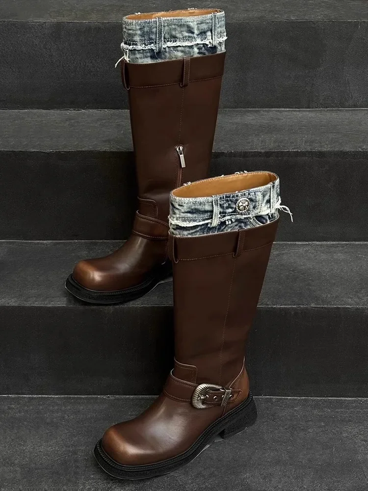 Сплай ​ Коричневые высокие сапоги из материала с квадратным носком винтажные