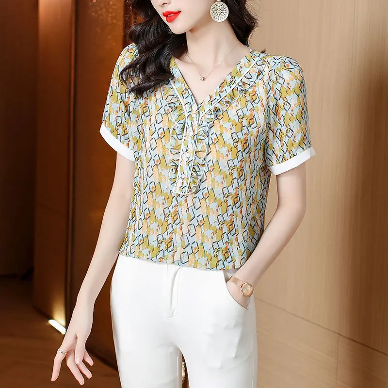 2022 summer new chiffon top ladies lace up short-sleeved chiffon shirt loose women's clothing  blusas femininas