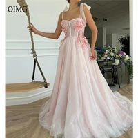 oimg pink tulle a line long prom dresses bride gowns adjust straps sweetheart 3d flowers bones sweep train fairy evening dress