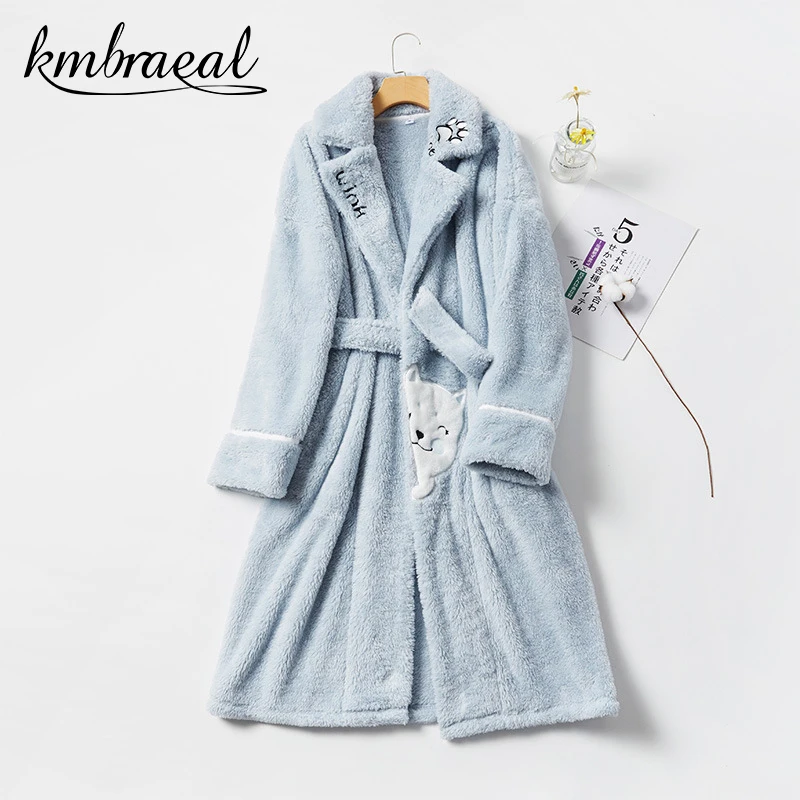 Winter Flannel Cartoon Pajamas Suit Long Thickened Robes Women Home Service Cute Bear Nightgown Warm Sleepwear Solid Homewear
