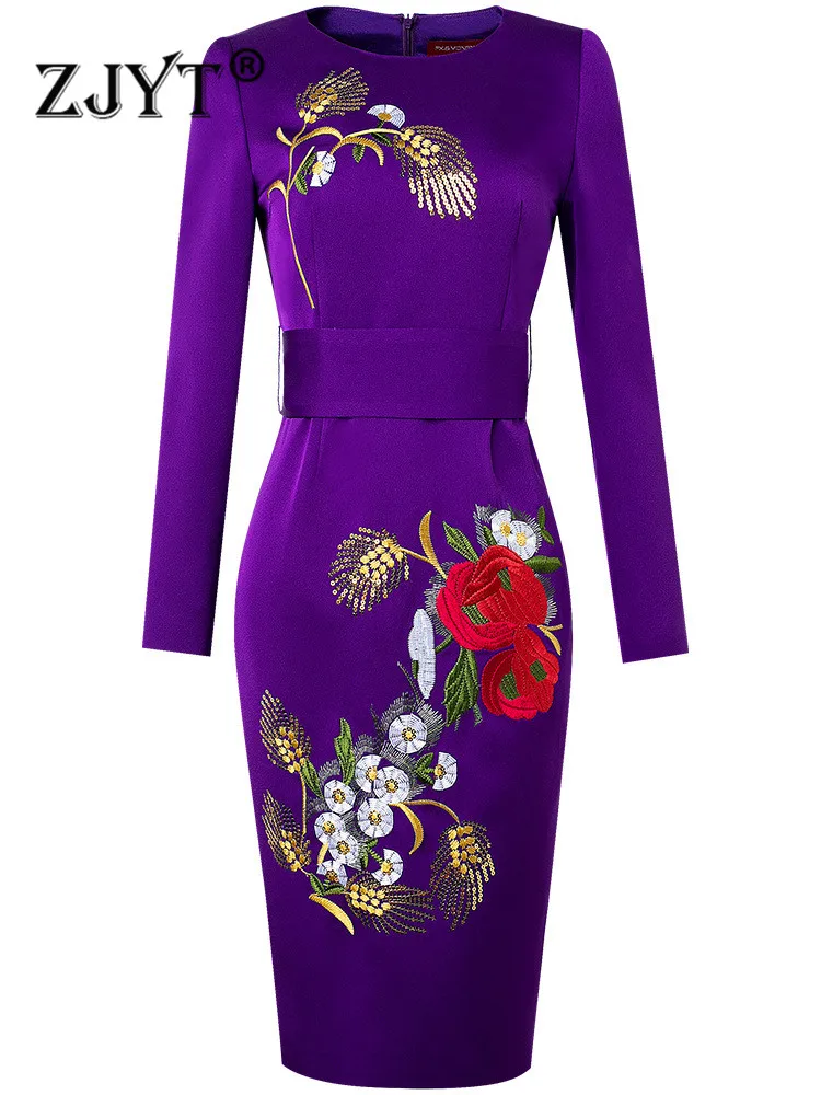 

ZJYT New Autumn Flower Sequined Embroidery Dress Women 2022 Luxury Elegant Pencil Office Wear Work Party Vestidos 5XL Clothes