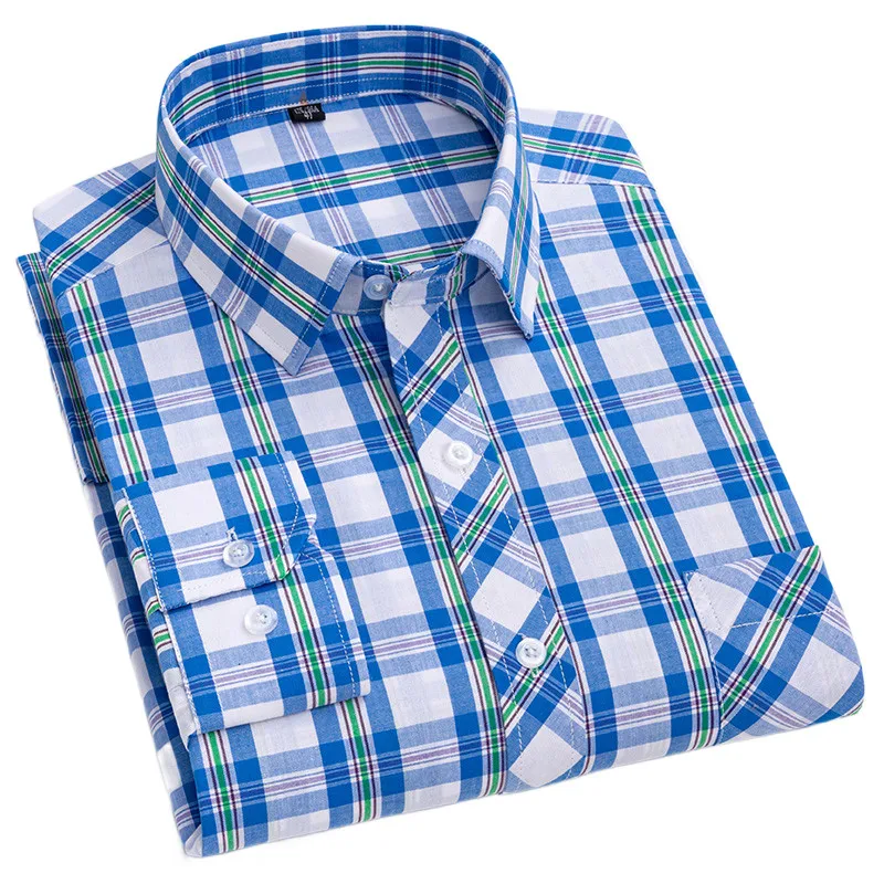 Men's Plaid Shirt Long Sleeve High Quality Luxury 100% Cotton Business Loose Office Daily Checkered Social Male Designer Clothes