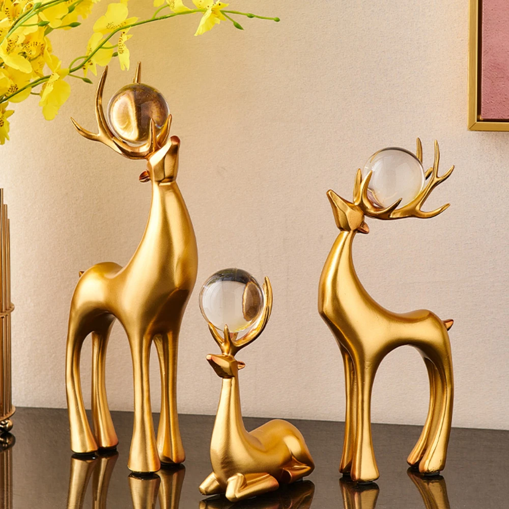 

3Pcs Deer Family Animal Statues Golden Sculpture Crystal Ball Decor Nordic Home Decoration Accessories Living Room Decor Crafts