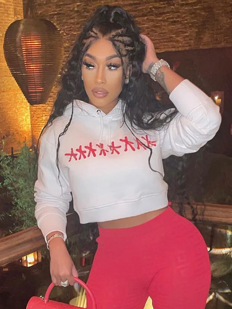 

Sifreyr Casual Warm Y2K Cropped Hoodies Women Autumn Graphic Print Long Sleeve Loose Sweatshirt Streetwear White Hooded Tops