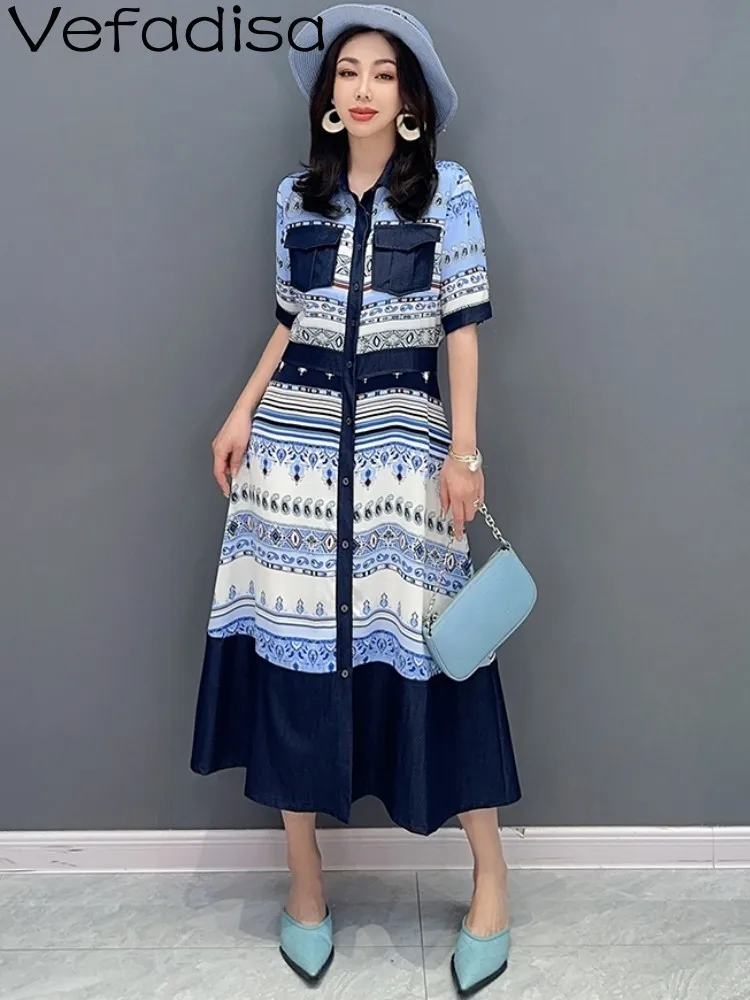 Vefadisa 2023 Summer New Korean Fashion POLO Collar Shirt Dress Women Age Reducing Blue Half Sleeve Dress ZXF056B