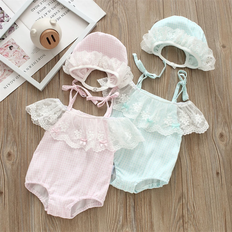

Summer Lace Flowers Infant Newborn Baby Girls Bodysuits Set Plaid Pirncess Cotton Jumpsuit Clothes
