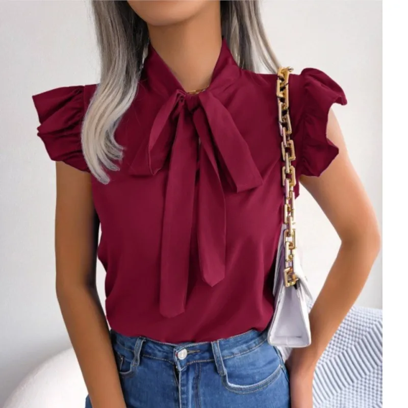 

Office Summer Solid Bow Neck Short Sleeve Shirt Women's White Casual Tops 2023 Blusas Mujer Camisas Femininas Elegantes Blouse