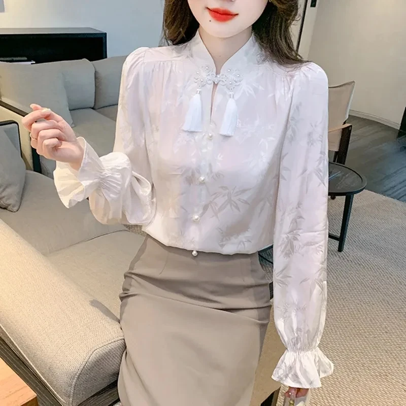 Новая женская рубашка с жаккардовыми пуговицами в китайском стиле весна-осень 2023