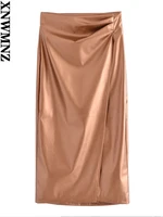 xnwmnz 2022 fashion side slit faux leather draped midi pencil skirt vintage high waist side zipper female skirts
