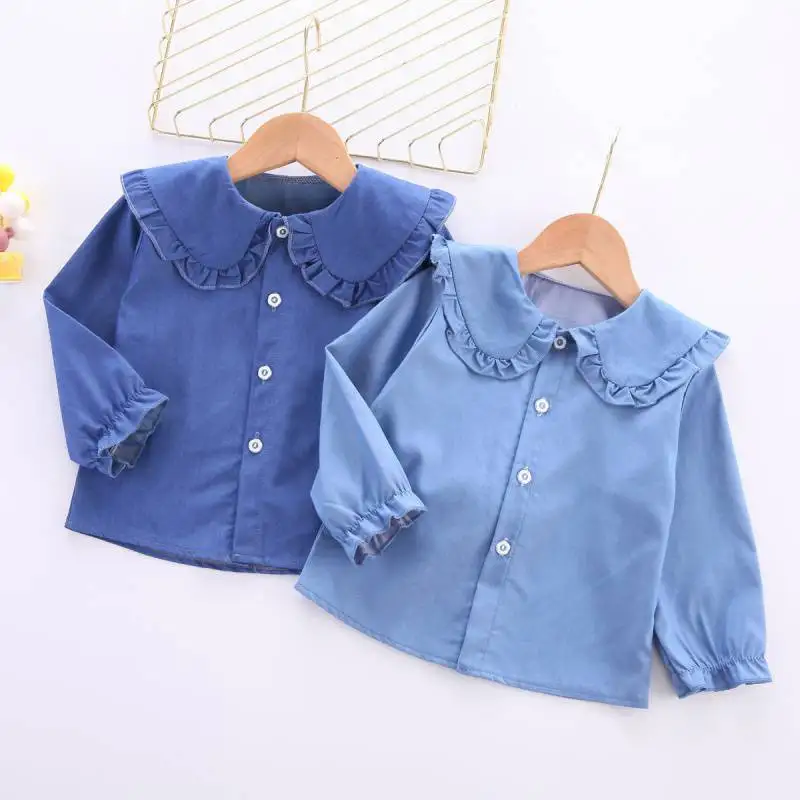 

Children's spring new girls cute shirt foreign thin denim jacket doll collar baby princess trend shirt